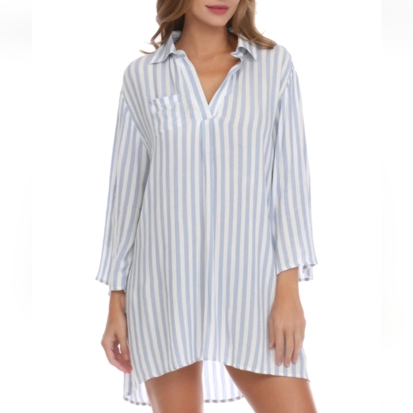 Raviya Tops - Raviya Stripped Tunic Shirt Women's S White Blue Boho Retro Casual Comfy